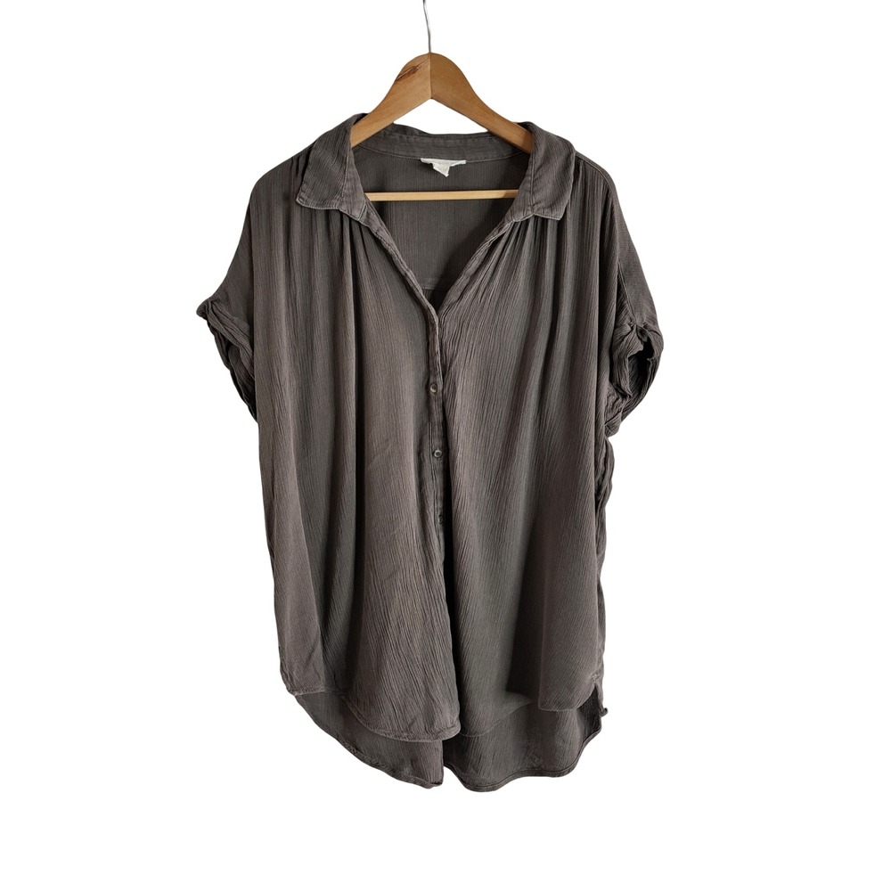 Caslon Grey Crinkle Gauze Button Down Shirt Short Sleeve Plus Size 2X Earthcore